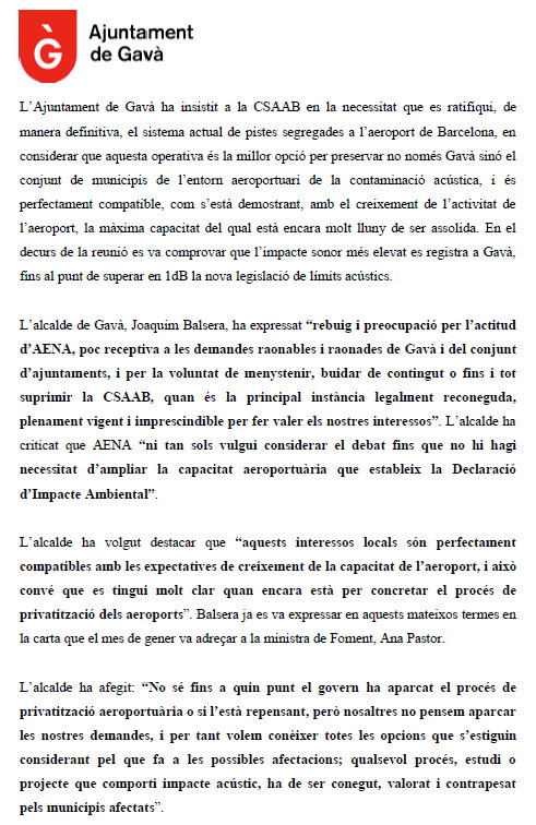Segunda pgina de la nota de prensa emitida por el Ayuntamiento de Gav denunciando la intencin de AENA de dejar morir la CSAAB del aeropuerto de Barcelona-El Prat y no confirmar el sistema de pistas segregadas como el definitivo en el aeropuerto (10 Mayo 2012)